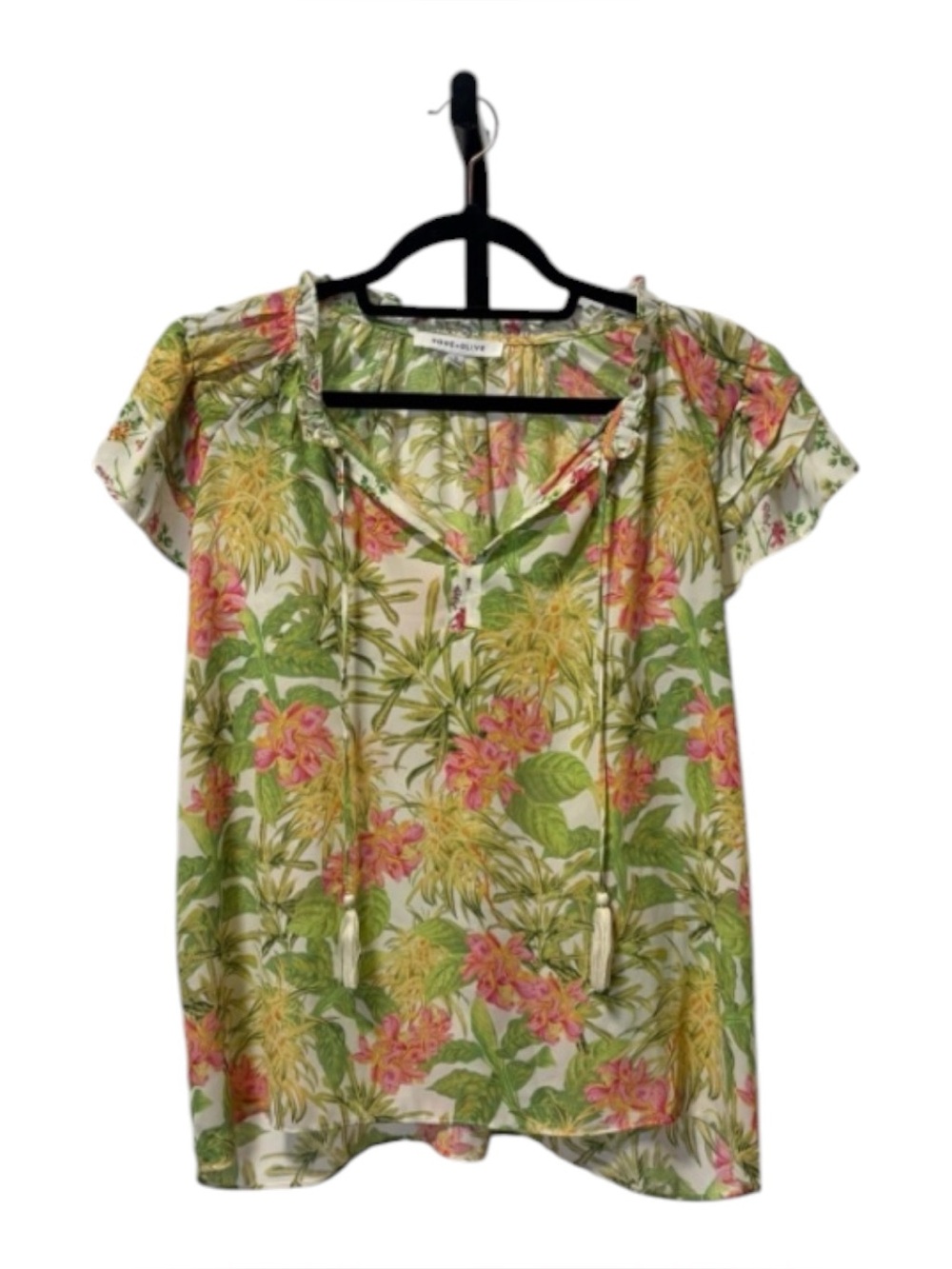 Rose & Olive Green Pink Cream Tropical Tie-Front Blouse